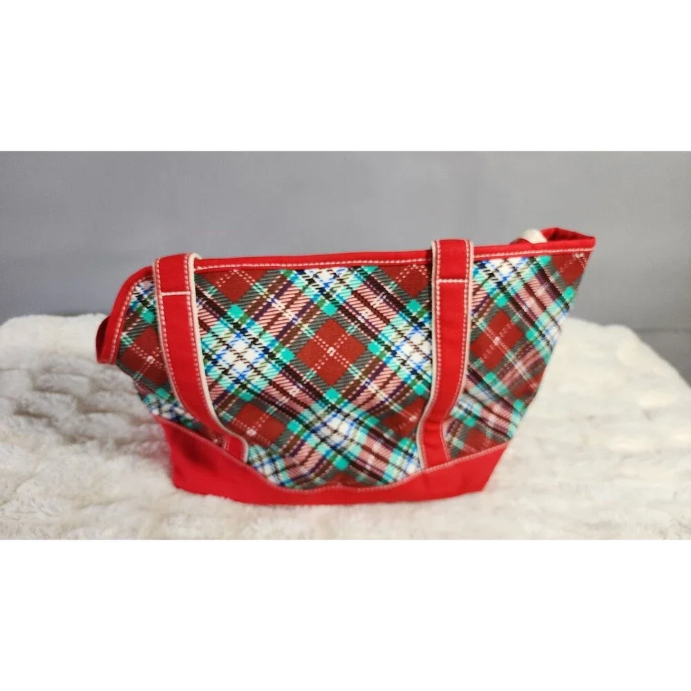Lands’ End Zip-Top Red/Green Plaid Canvas Dog Tote Carrier Bag 100% Cotton